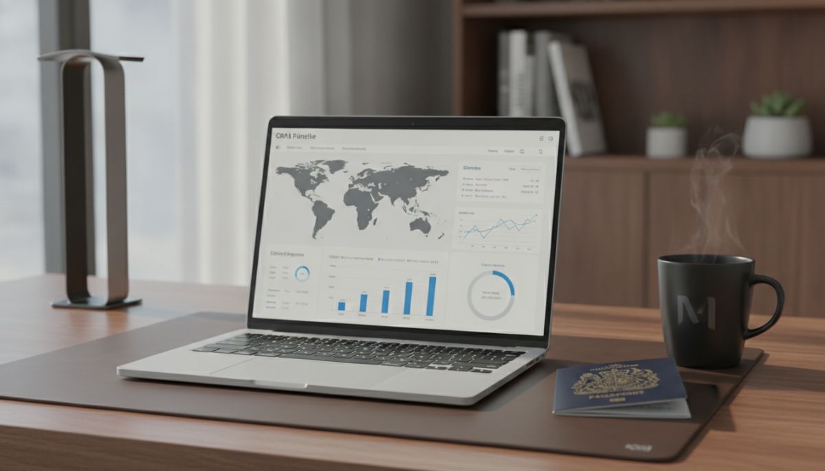 A professional, high-end desk setup featuring a modern laptop with a CRM dashboard showcasing global sales pipelines and multi-currency graphs, a British passport and coffee mug beside it, soft natural lighting, depth of field