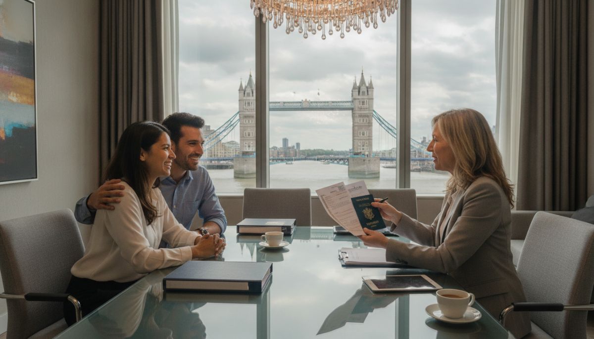 A professional meeting room in London, showing an expat couple smiling while talking with a professional immigration lawyer who is reviewing visa documents on a sleek desk with a view of Tower Bridge through the window, highly detailed, photorealistic style.