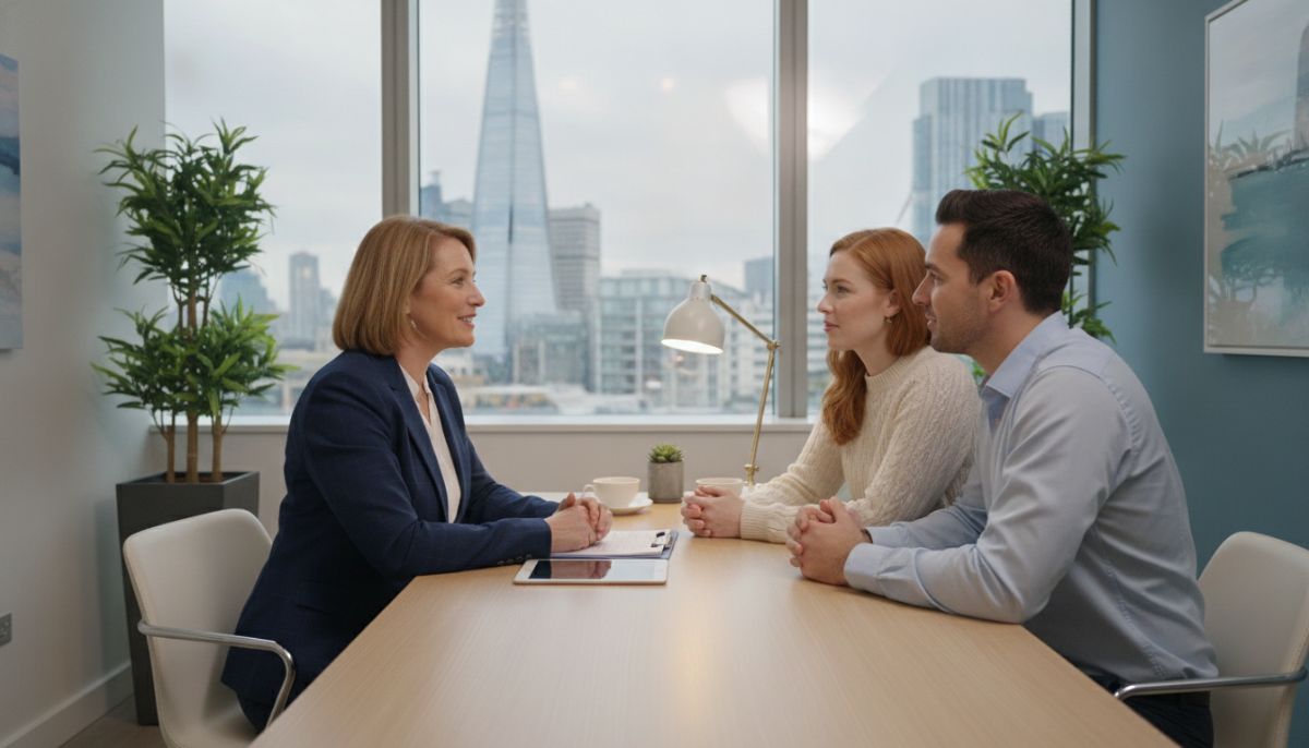 A professional doctor in a modern London clinic consulting with an expatriate couple, warm and reassuring atmosphere, photorealistic, 8k resolution