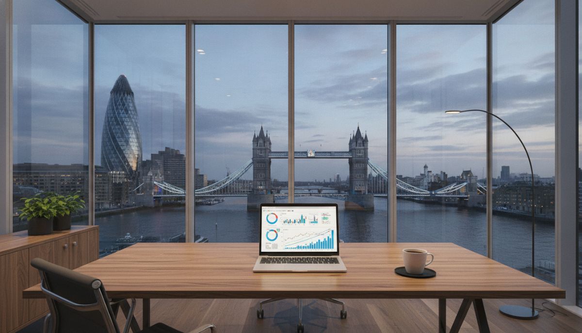 A professional modern workspace in London with a view of the Gherkin and Tower Bridge through the window, a laptop on the wooden desk showing financial charts, and a cup of coffee next to it, warm lighting, photorealistic, 8k resolution