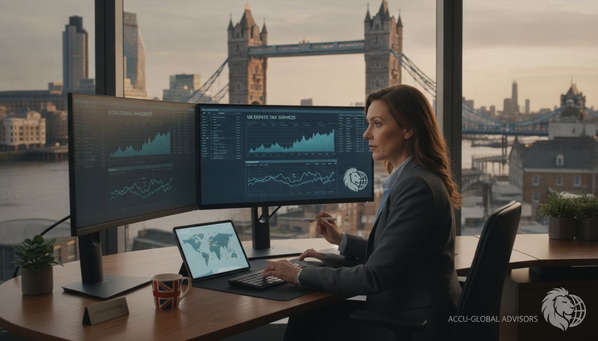 A professional accountant analyzing financial data on a dual-screen monitor in a modern London office, with a view of Tower Bridge in the background, representing global financial management and UK tax services for expats.