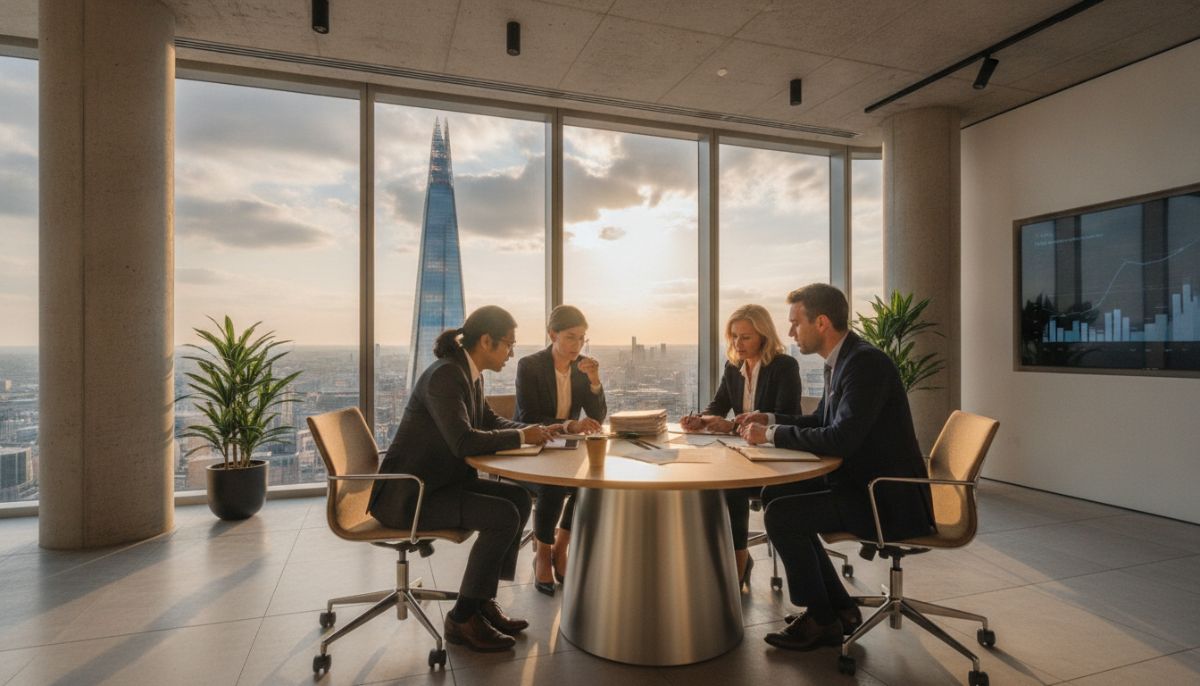 A professional modern office in London with a view of the Shard, a diverse group of financial advisors reviewing tax documents with an expat couple, bright warm lighting, professional photography style