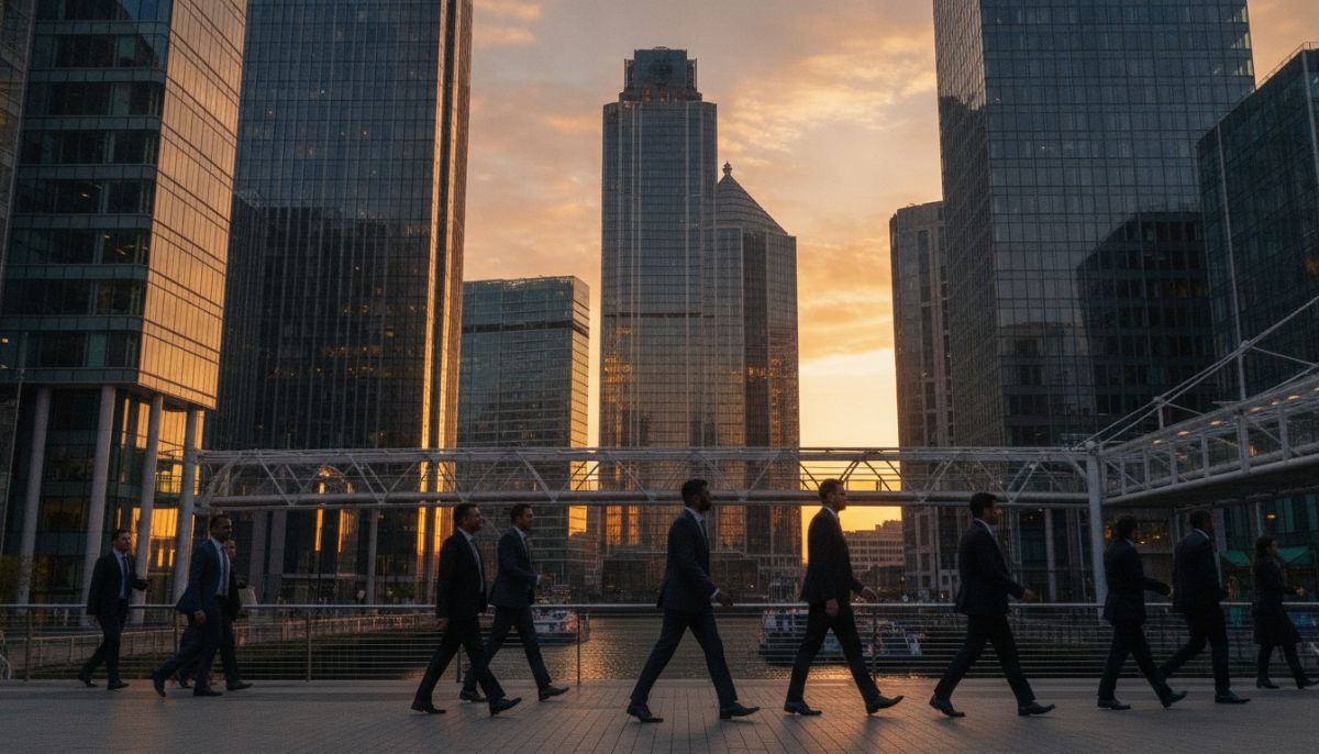 A wide-angle, professional photograph of the modern financial district in London (Canary Wharf) during sunrise, with glass skyscrapers reflecting golden sunlight and a diverse group of business professionals walking confidently in the foreground.