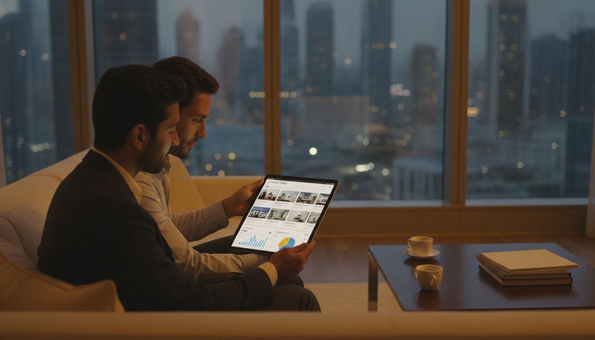 A professional expat couple in a modern high-rise apartment in Dubai or Singapore, looking at a digital tablet displaying UK property listings and mortgage calculation graphs, warm lighting, highly detailed, photorealistic