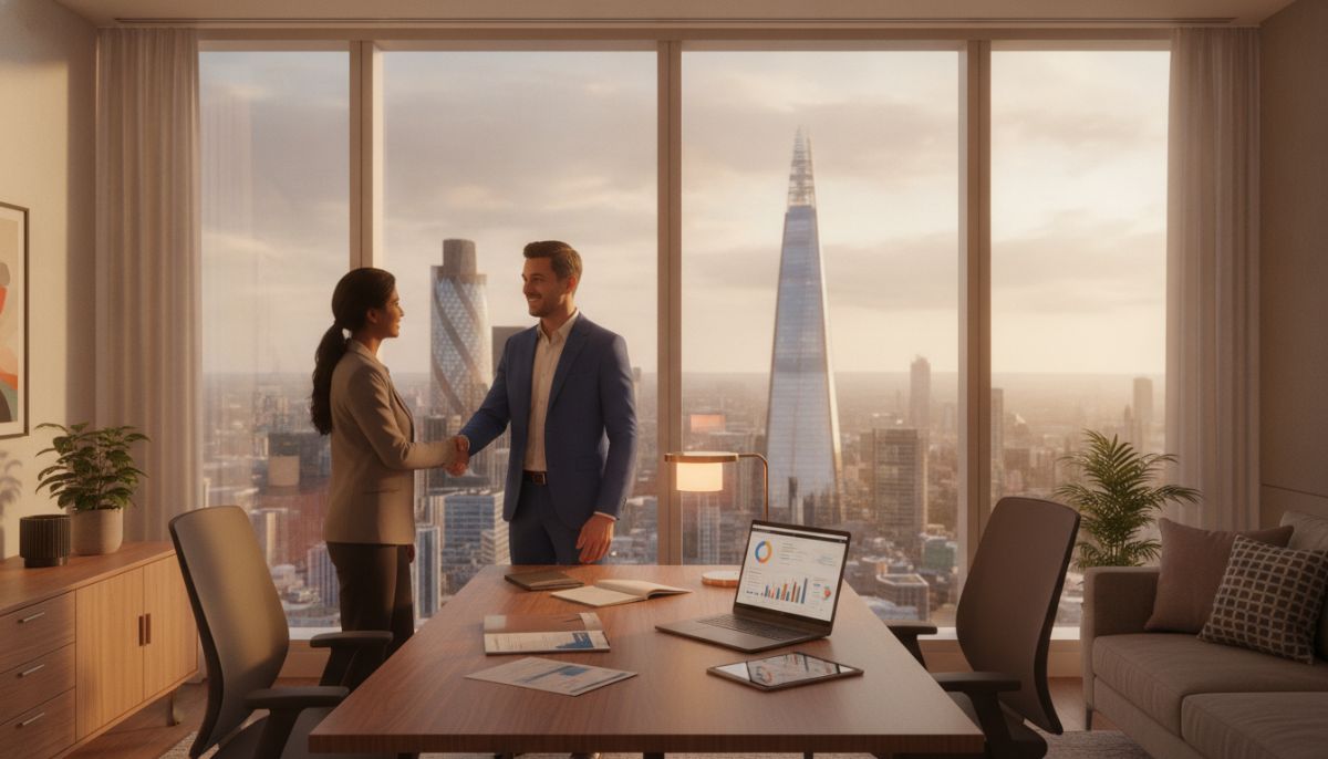 A professional, modern financial advisory office in London with a view of the City skyline through the window. A financial advisor is smiling and shaking hands with a diverse expat couple over a wooden desk with a laptop displaying financial charts and documents. Natural warm lighting, professional and reassuring atmosphere.