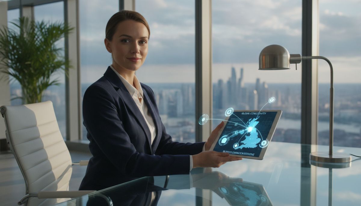 A business professional sitting in a modern high-rise office holding a tablet that displays a map of the UK with digital connection nodes linking it to other countries across the globe, illustrating global business expansion.