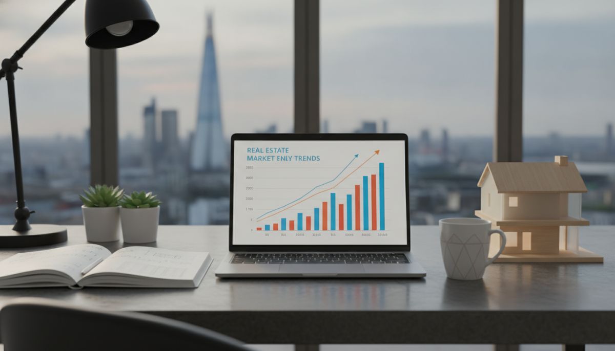 A sleek modern home office setup featuring a laptop displaying real estate market graphs, a notebook with financial calculations, a coffee mug, and a miniature house model on a desk with a blurred London skyline in the background, professional aesthetic